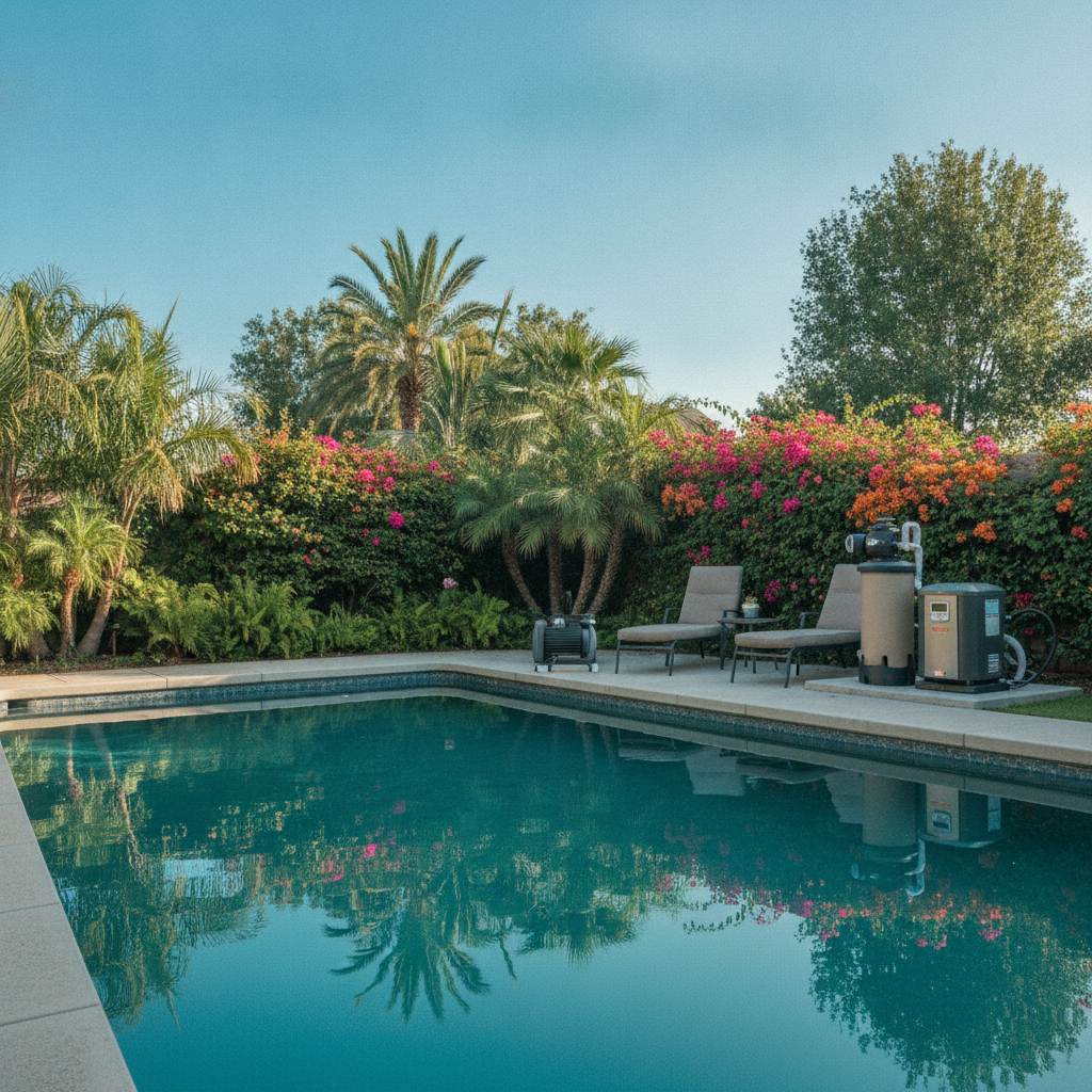 A serene backyard pool scene with modern pool equipment installation in Irvine CA, showing a pump, filter, and heater beside a sparkling pool