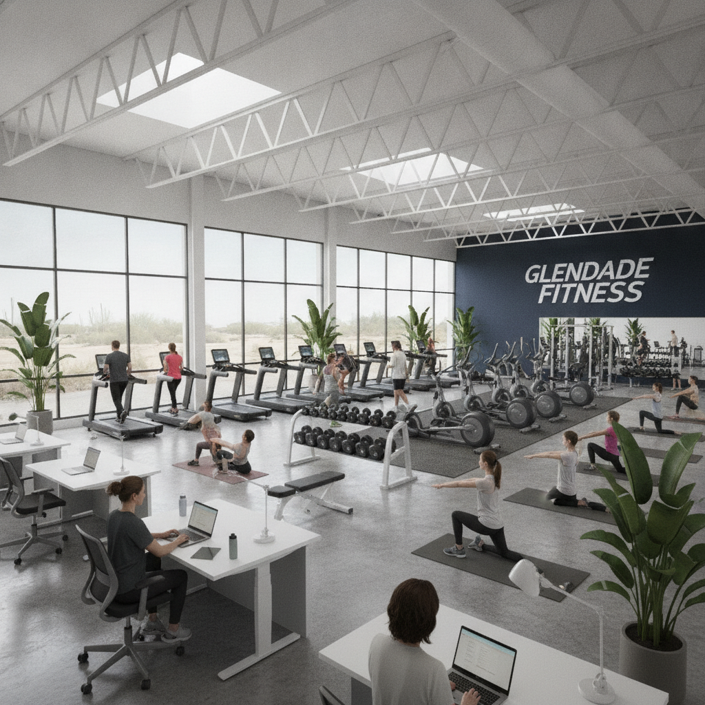 Modern fitness center Glendale AZ with busy professionals using strength equipment and digital devices