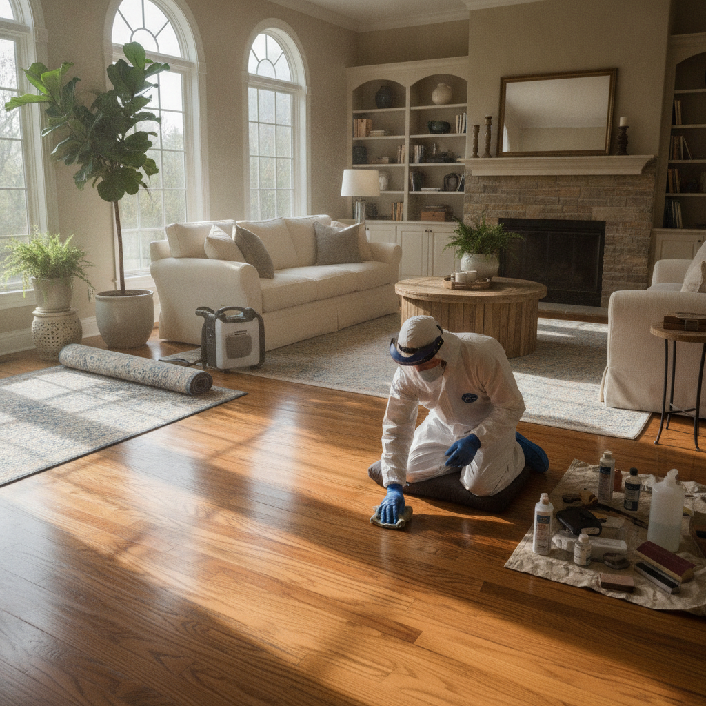 Restoration experts performing water damage restoration Bloomfield Hills on hardwood floors