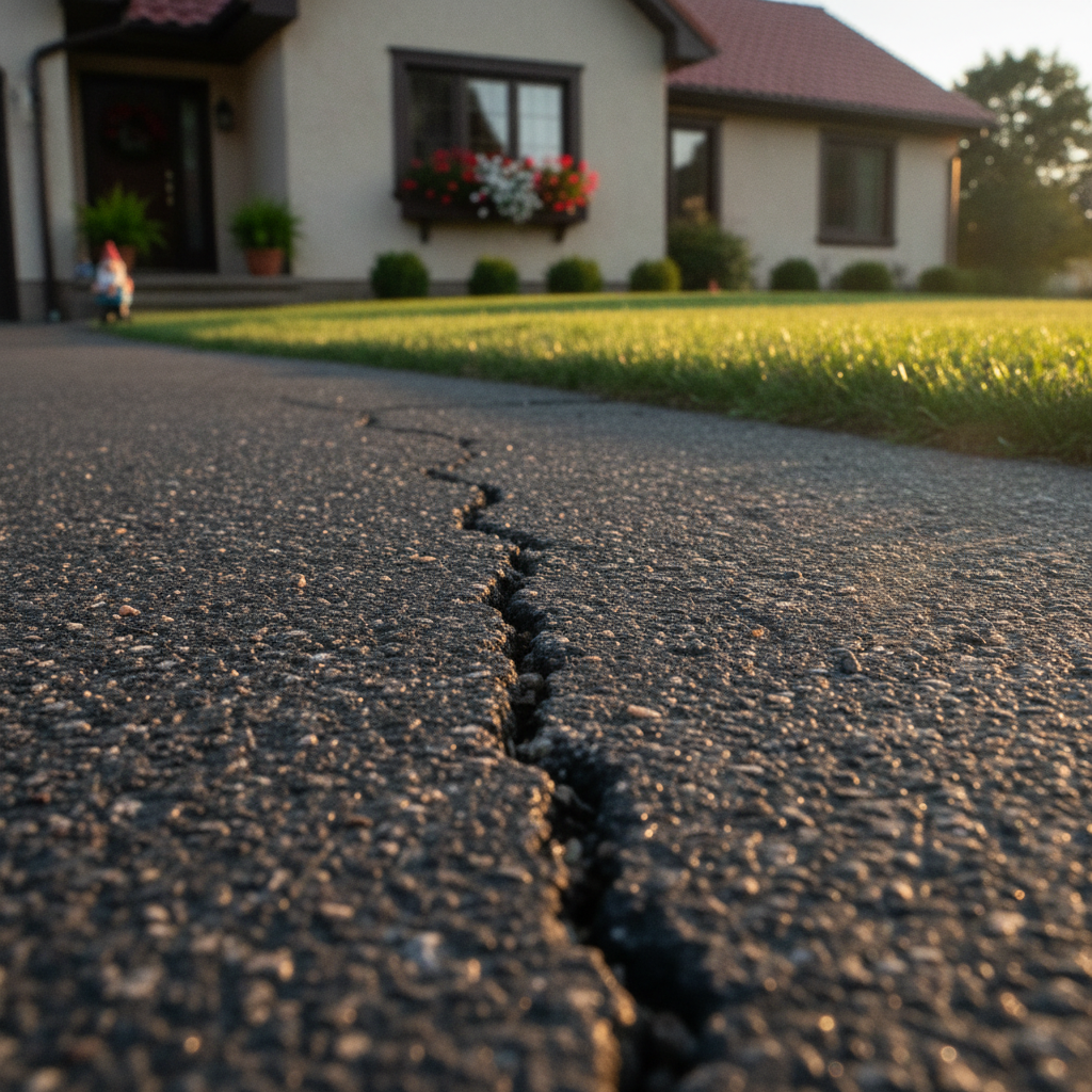 Close-up view of asphalt cracks on a commercial parking lot, highlighting the need for Asphalt Repair Lodi NJ services