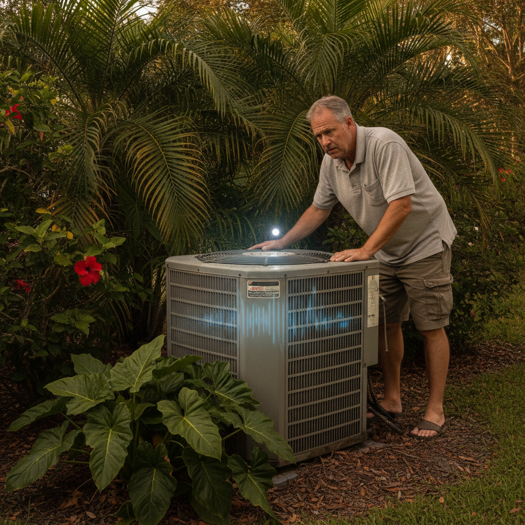 Technician listening to an air conditioner with tools, diagnosing strange AC noises for AC Repair Palm Harbor FL