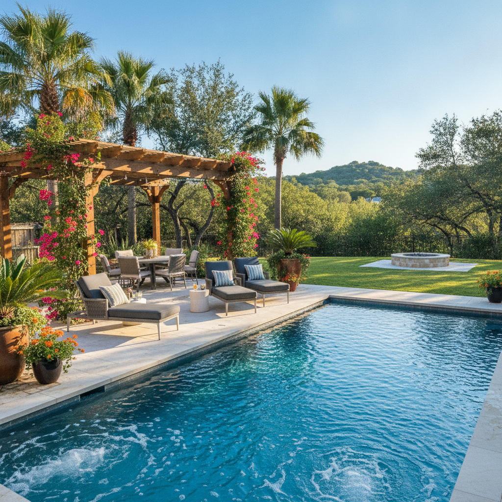Modern backyard pool installation austin texas with stone decking and landscaping
