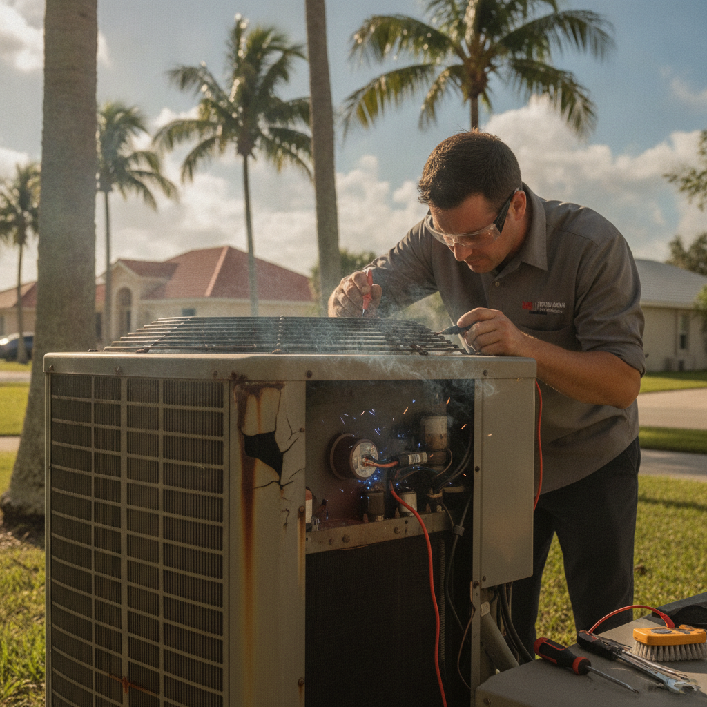 Technician diagnosing AC unit with tools, focusing on emergency AC repair Palm Harbor FL