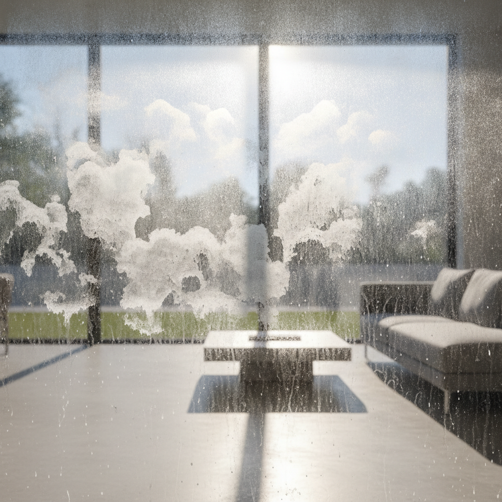 Sunlight streaming through a large glass window with visible hard water stains, illustrating how can professional window cleaning remove hard water stains and restore natural light