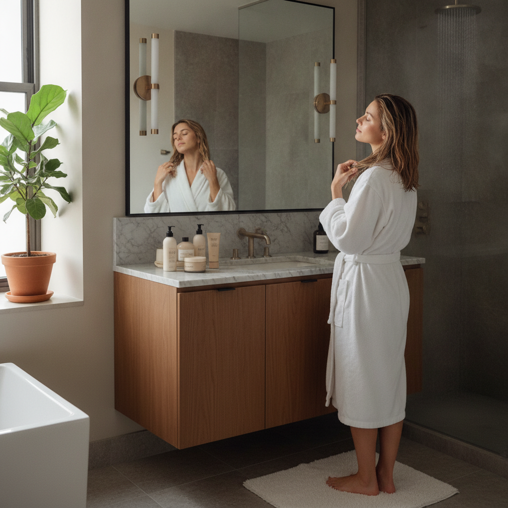 Balayage hair care in a Manhattan apartment, showing a woman maintaining her color with at-home products and natural light, how to maintain balayage hair in New York City