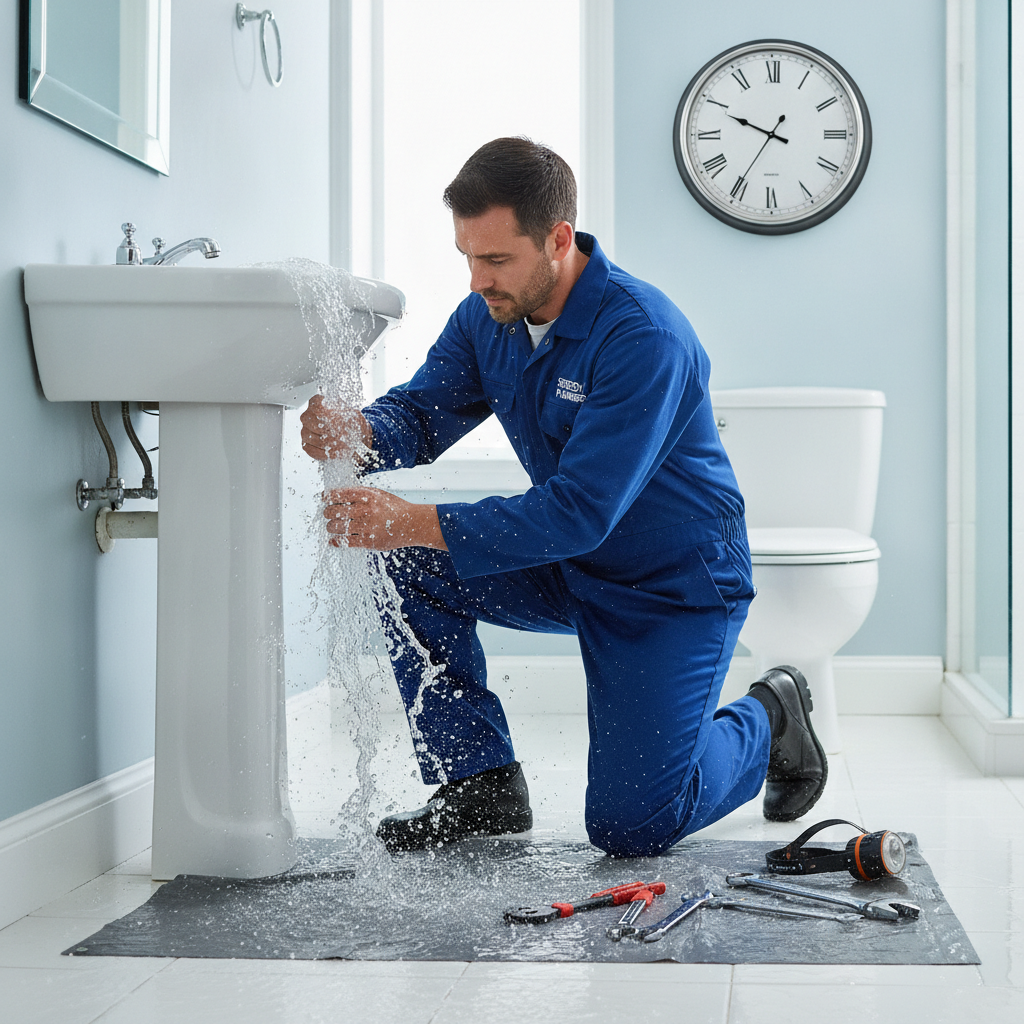 Plumber fixing burst pipe at night, emergency plumbing company Sterling Heights MI responds quickly