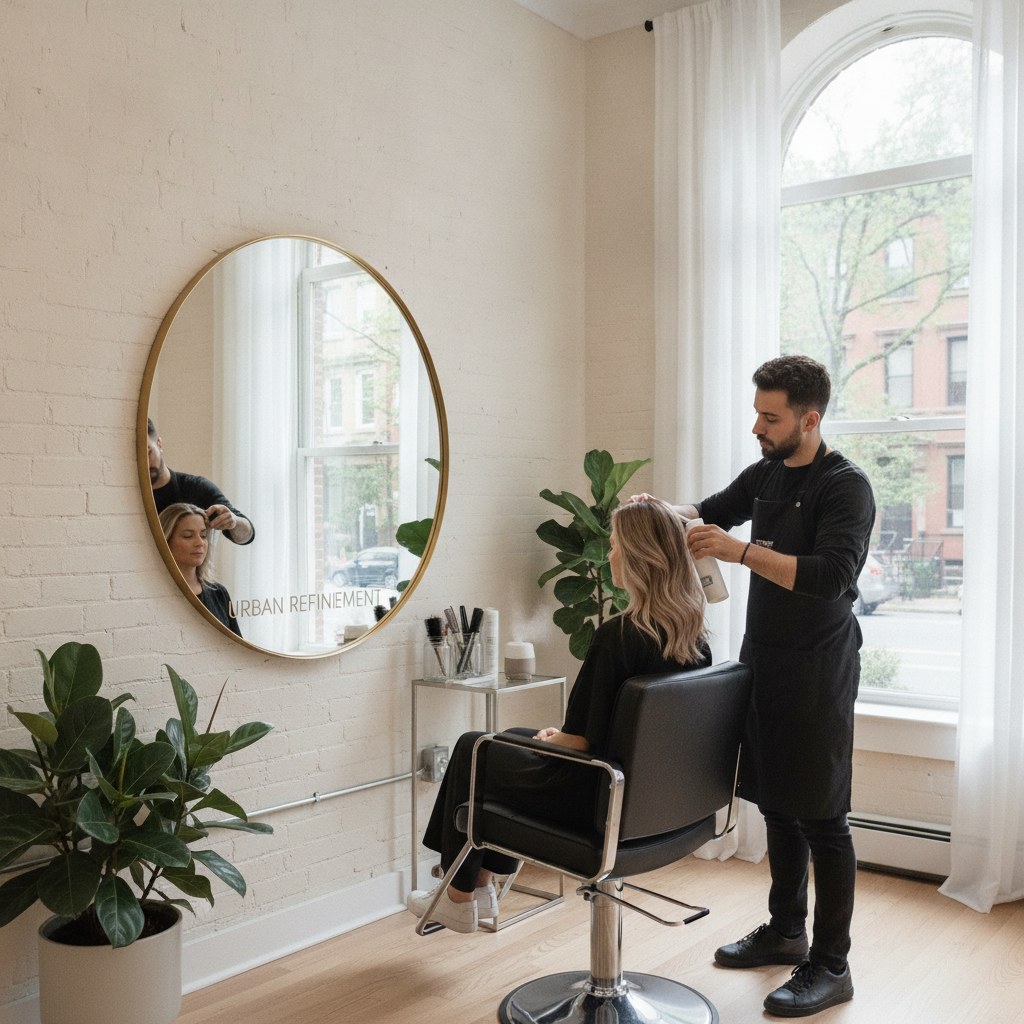 Stylist applying a gloss to balayage hair, illustrating balayage maintenance tips for NYC hair