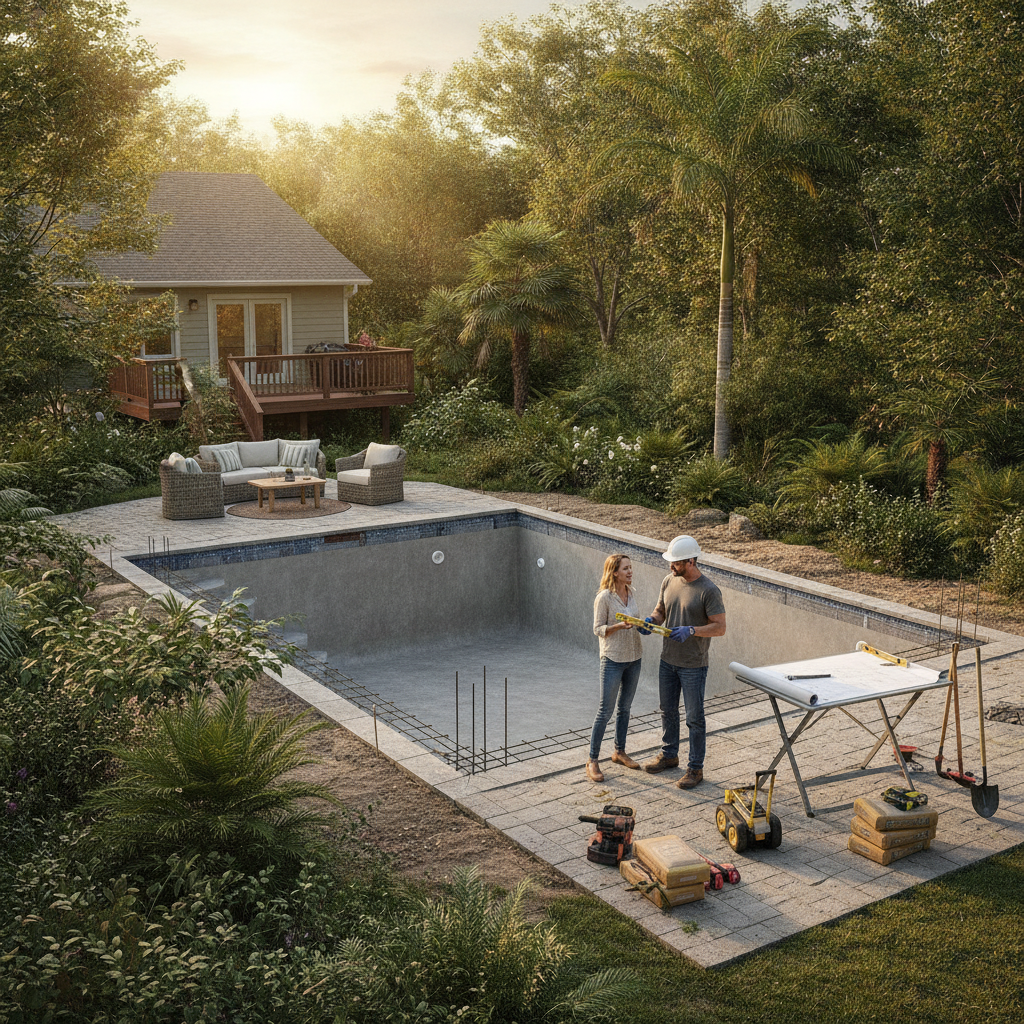 Modern backyard with inground pool and patio, built by a professional inground pool contractor near me