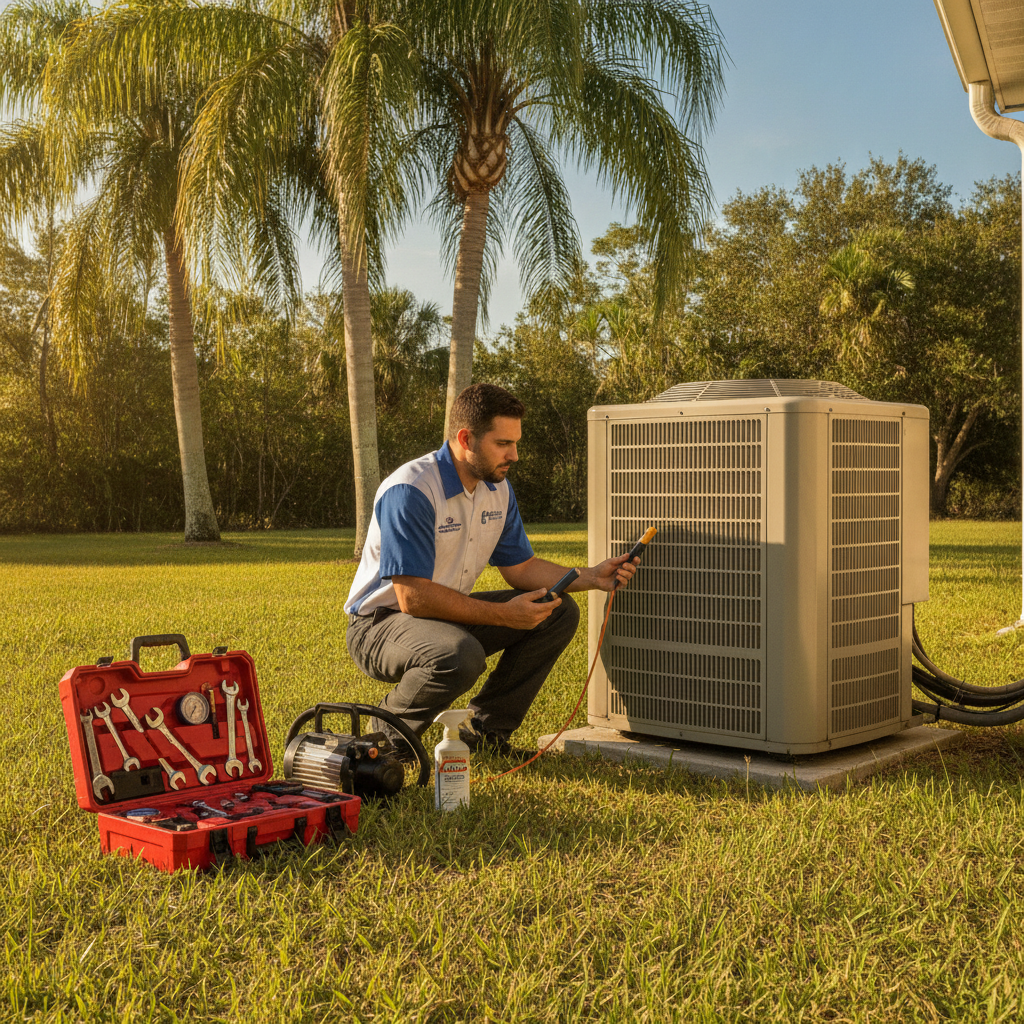 Technician performing AC repair in a small business office, AC Repair Tampa FL
