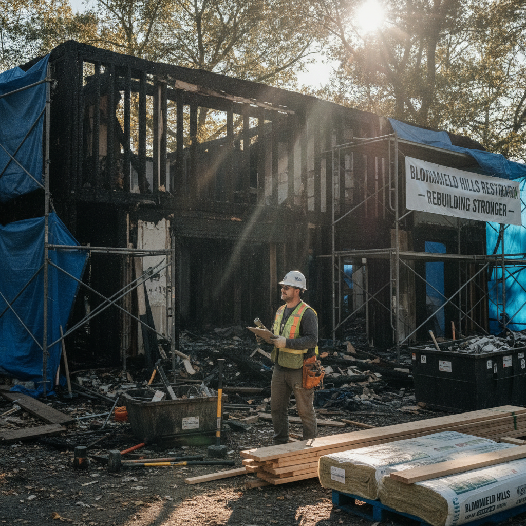 Fire damage restoration Bloomfield Hills property with structural repairs underway