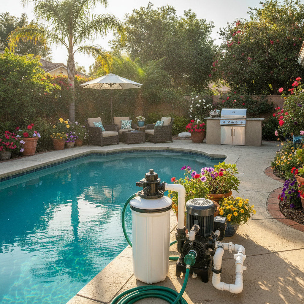 A sparkling clean pool with a technician servicing the filter, representing the benefits of a Pool Filter Cleaning Service Rancho Margarita CA