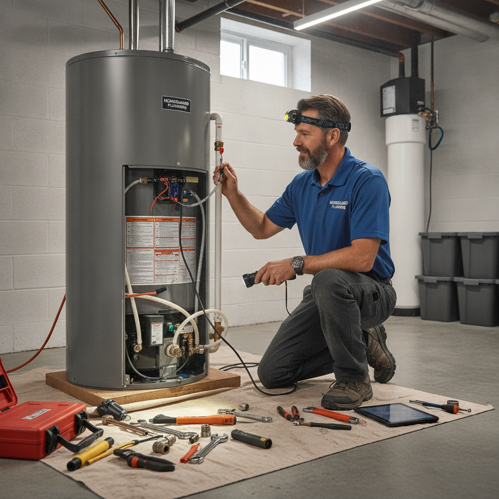 Technician installing a water heater in a residential utility room, plumbing company Sterling Heights MI expert service