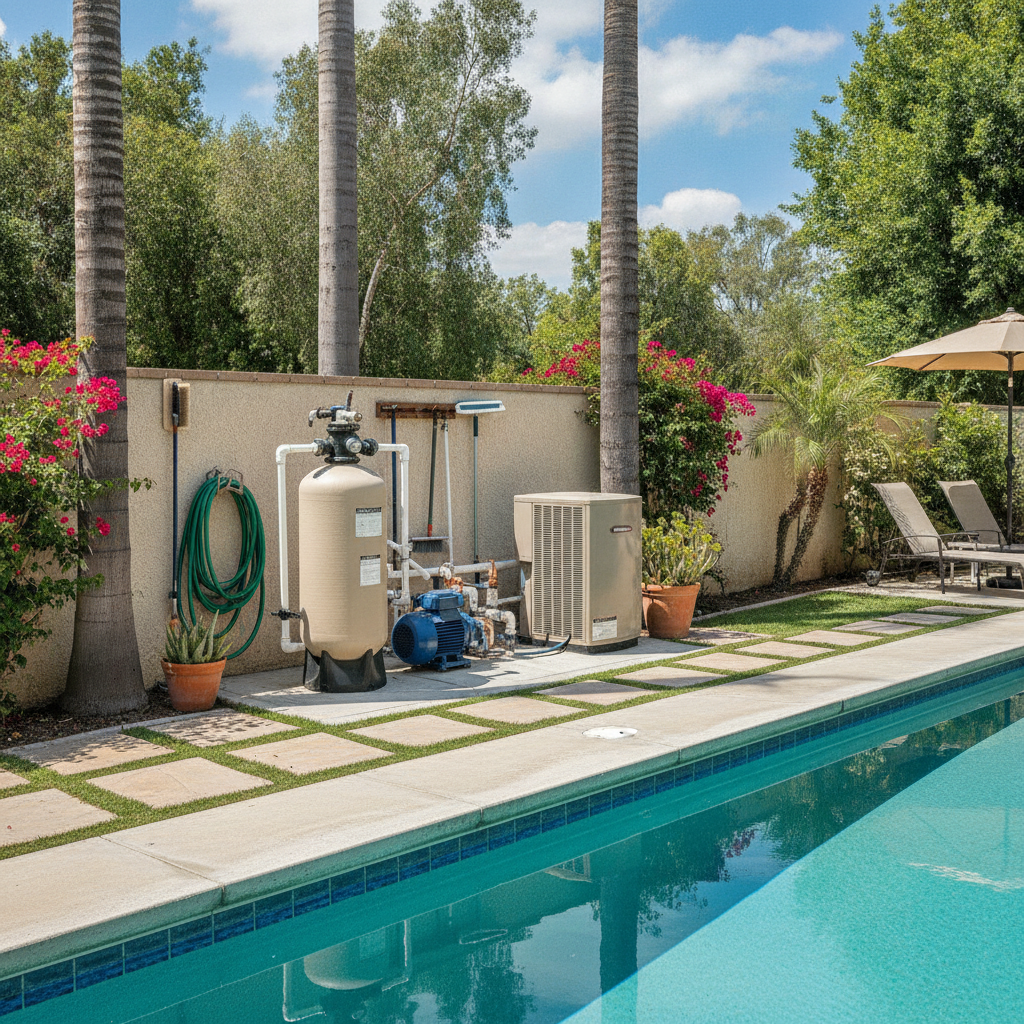 Modern pool equipment installation Irvine CA showing organized pumps, filters, and heaters for optimal performance and service access