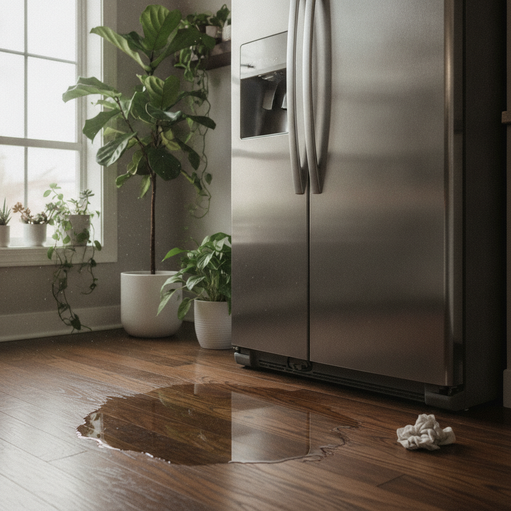 A kitchen with a leaking dishwasher and water pooling on the floor, highlighting the need for Water Damage Restoration Bloomfield Hills services