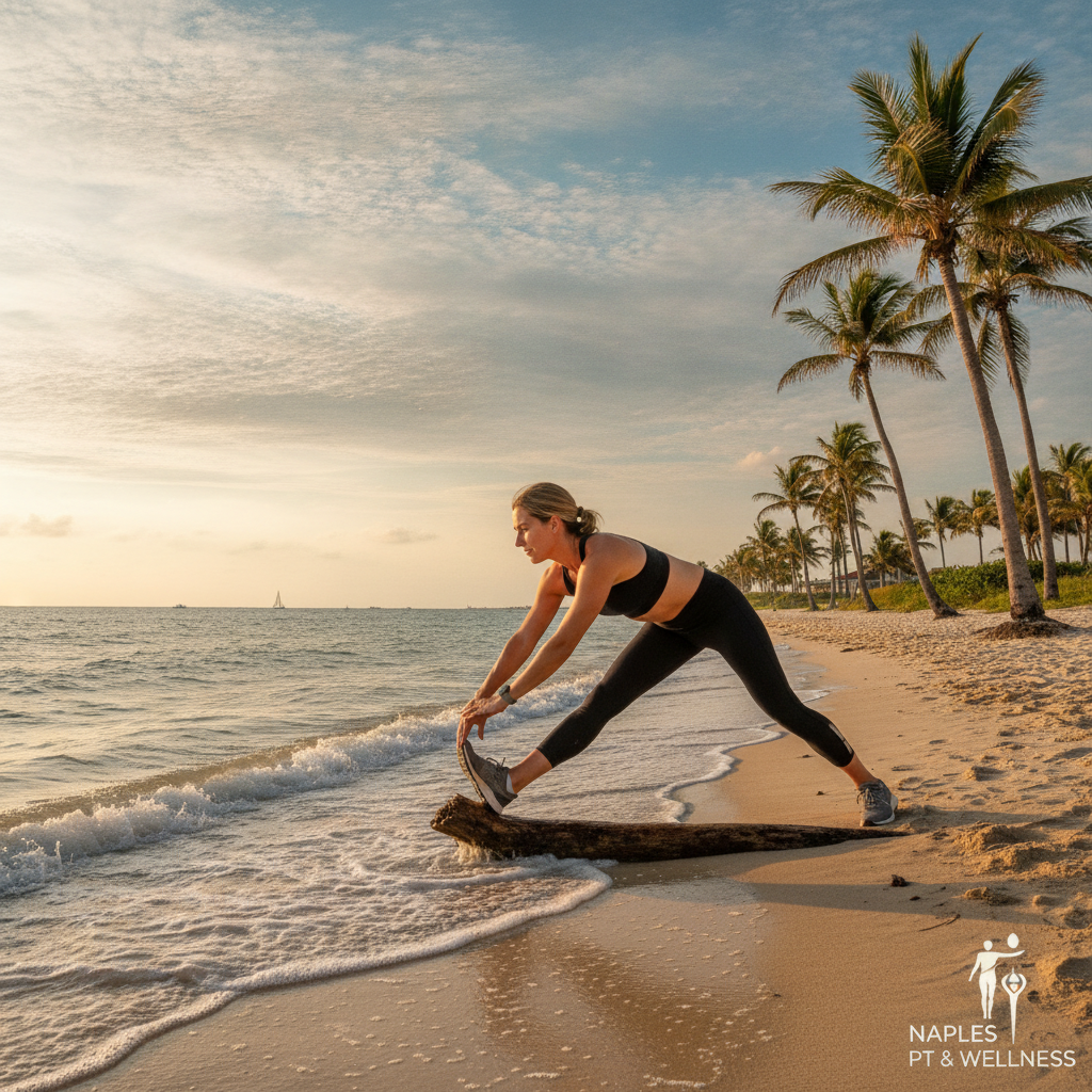 Physical therapist Naples FL helping a runner with injury prevention exercises in a modern clinic