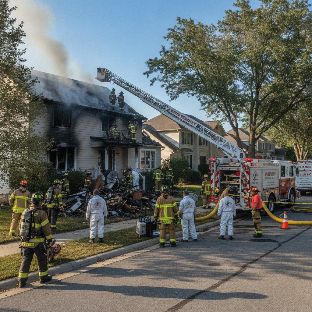 Fire Damage Restoration Bloomfield Hills - Emergency team assessing burned commercial building with equipment and safety gear