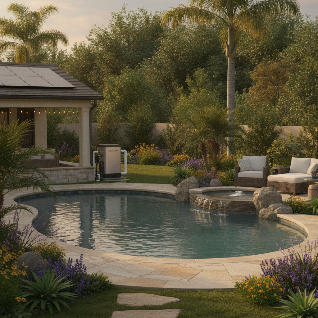 Modern pool equipment installation Rancho Margarita CA backyard energy savings