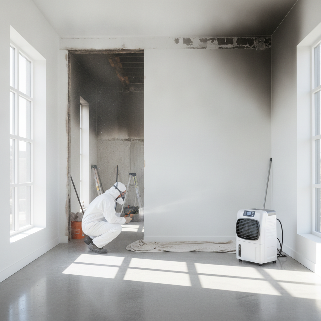 Restoration crew drying and cleaning a fire-affected room to prevent mold, representing Fire Damage Restoration Bloomfield Hills