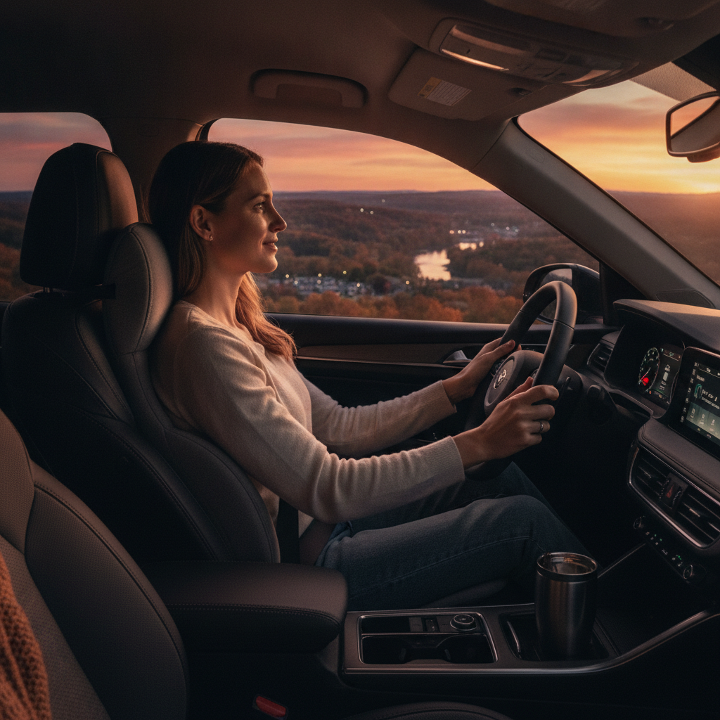 Driver stretching in car seat for back pain relief Rochester Hills
