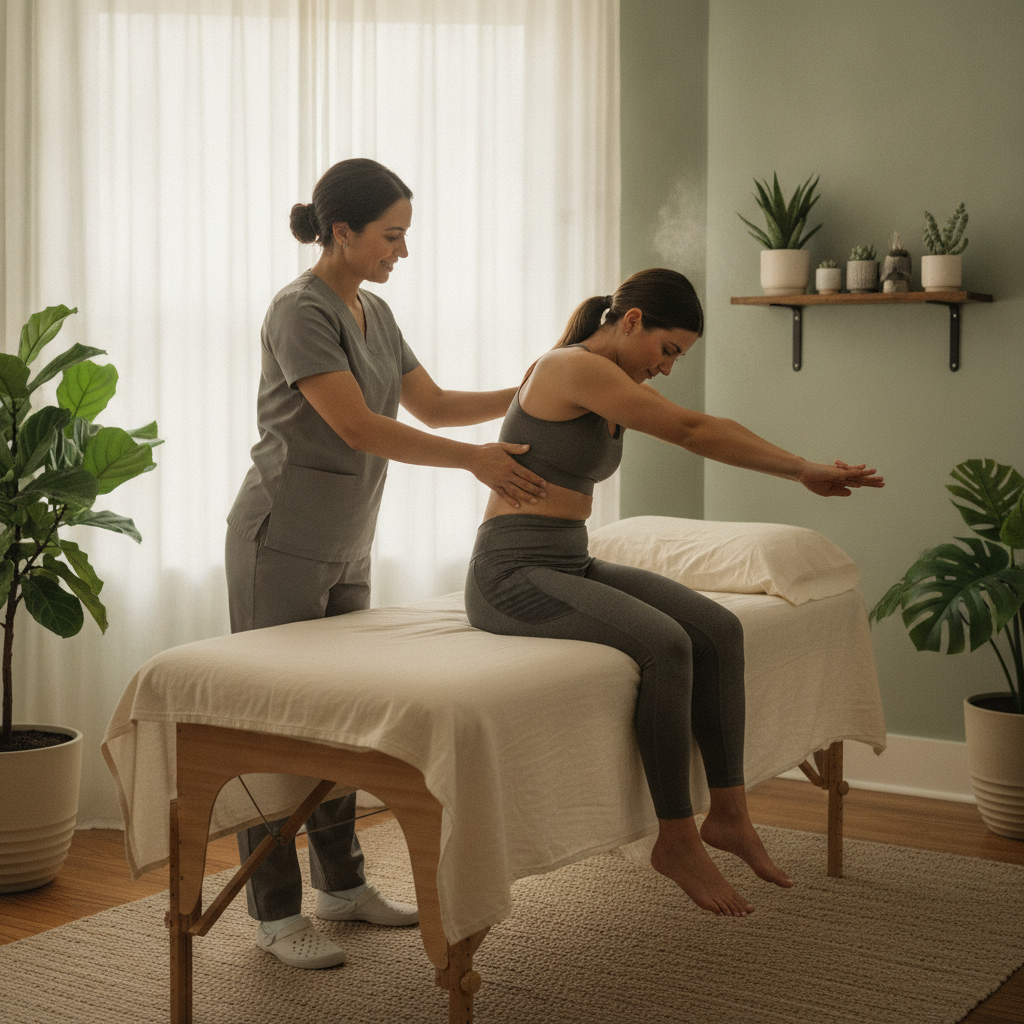 Chiropractor performing targeted back pain treatment Grass Lake MI with a patient experiencing mid-back pain and rib dysfunction