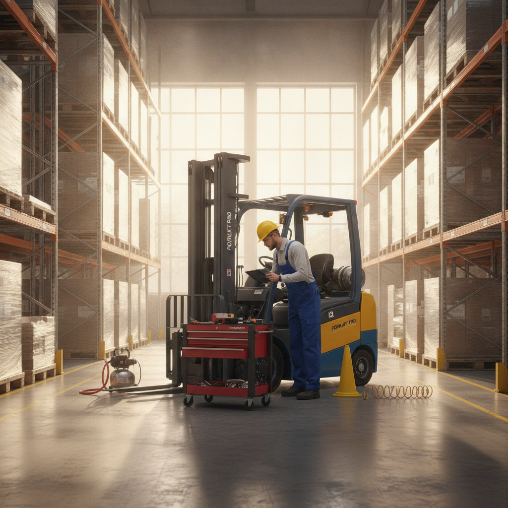 Technician performing preventive forklift maintenance in a warehouse, highlighting Forklift Repair Rockwall TX best practices