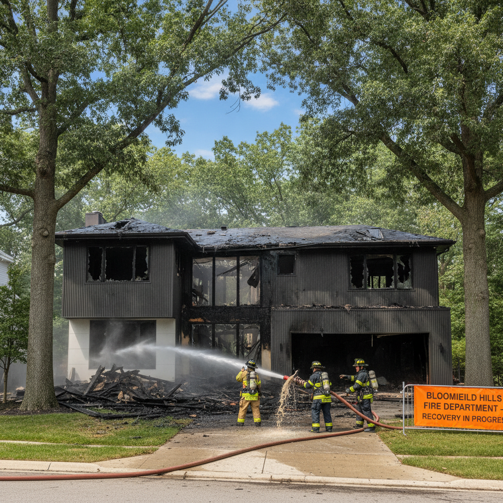 Fire damage restoration Bloomfield Hills scene with water removal equipment and professionals working to dry out a commercial property