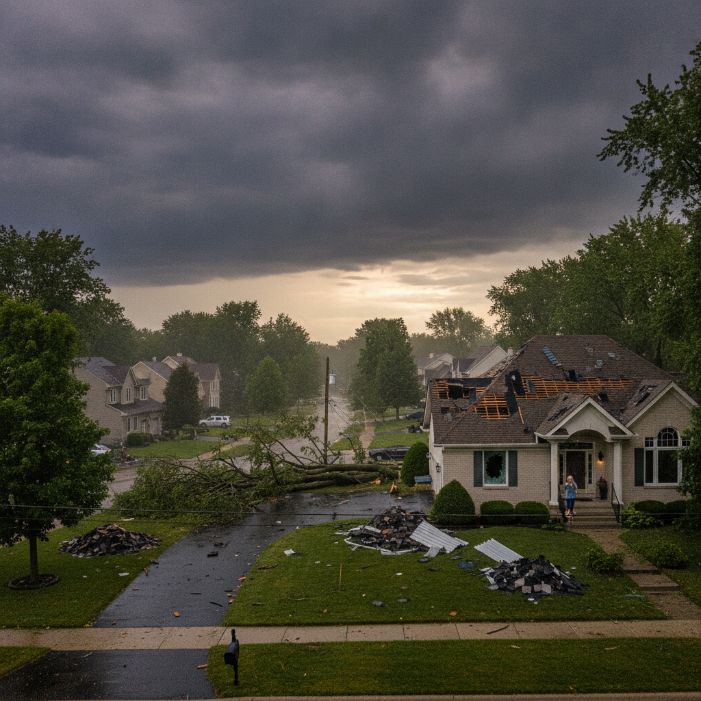 Storm-damaged roof in Bloomfield Hills