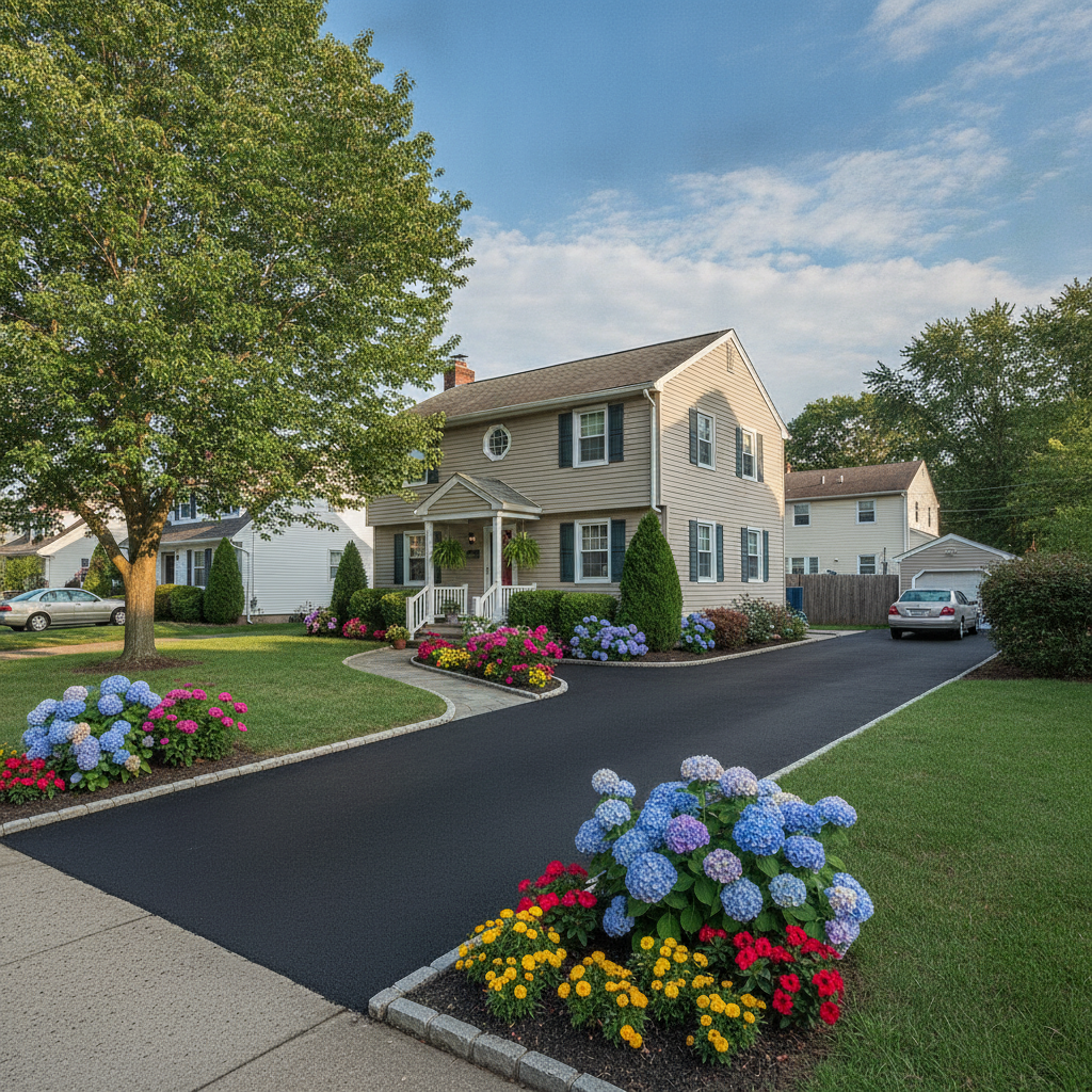 Freshly paved black asphalt driveway leading to a suburban home, showing residential asphalt paving in Lodi NJ and strong curb appeal