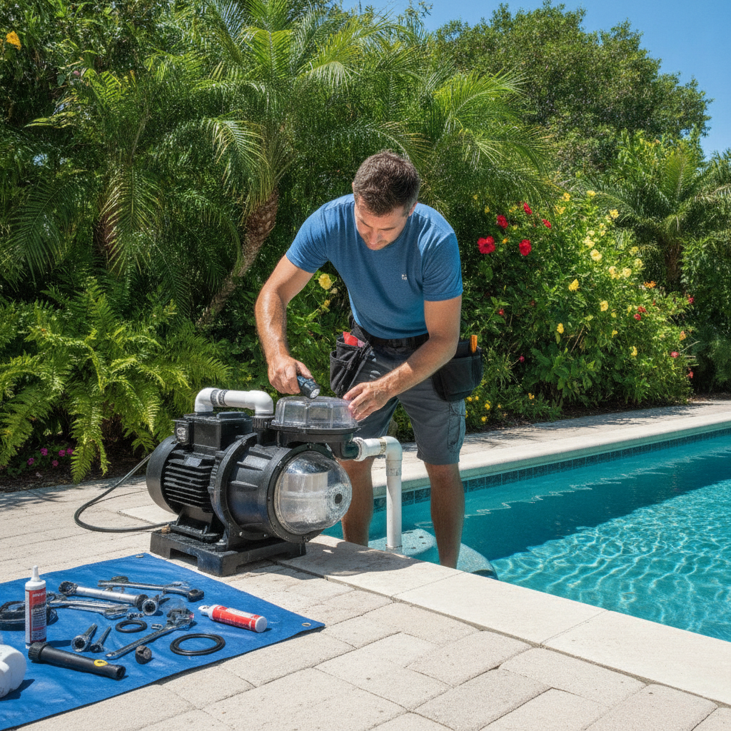 Technician repairing pool pump leak with Pool Pump Repair Rancho Margarita CA tools