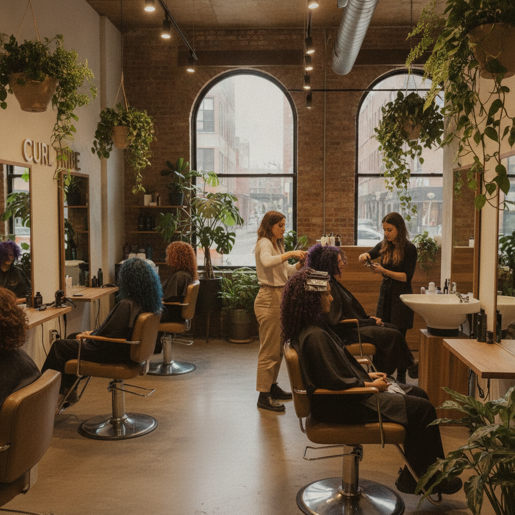 A modern Tribeca salon interior with stylists performing hair coloring tribeca services on curly-haired clients, showcasing texture-safe color techniques