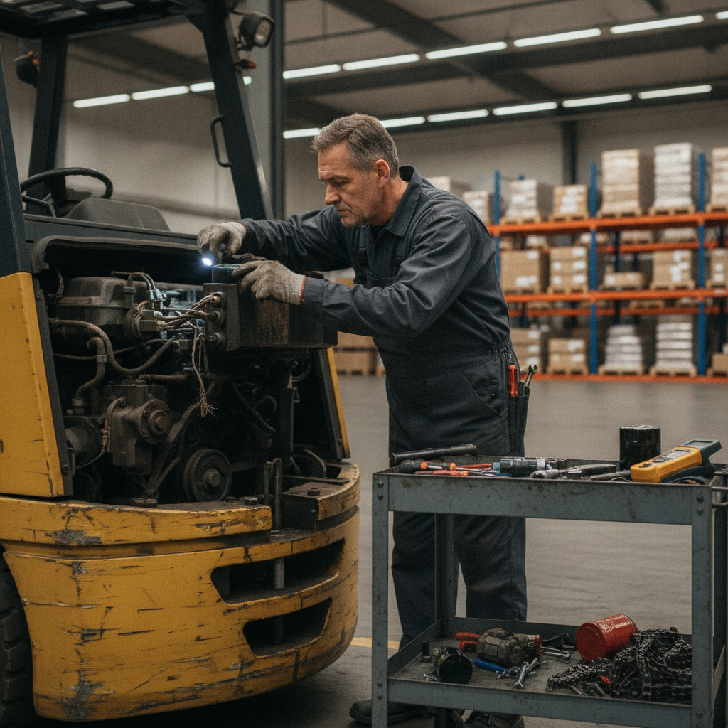 Technician performing Forklift Repair Rockwall TX on a warehouse forklift, highlighting common repair problems