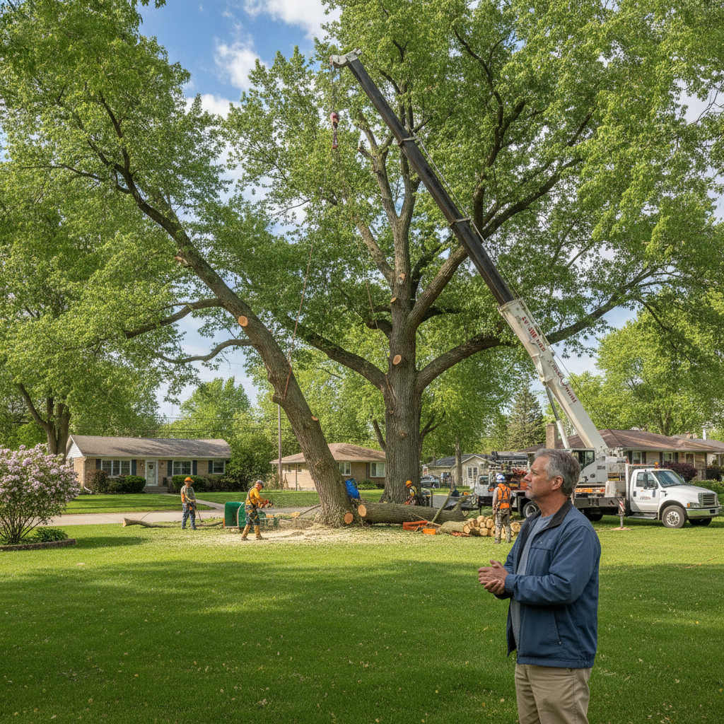 Professional arborists from a Tree Removal Company Blue Island IL safely removing a large tree using specialized equipment in a suburban neighborhood