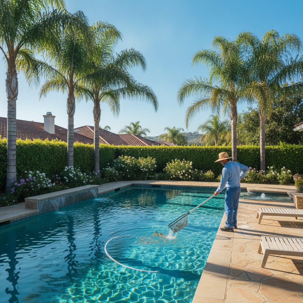 Modern backyard pool with sparkling water and a professional pool cleaning service irvine ca technician using equipment to maintain cleanliness