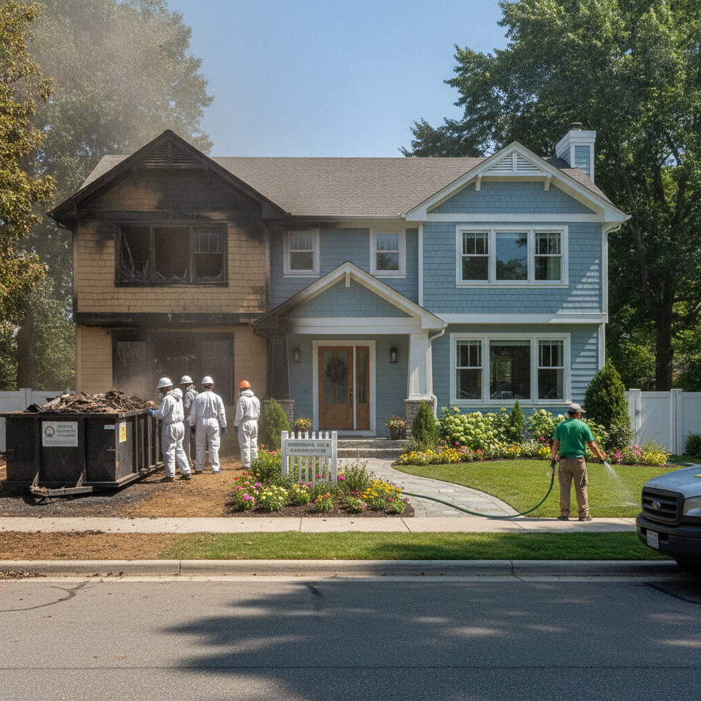 Fire damage restoration team performing soot cleanup and structural repair, representing Fire Damage Restoration Bloomfield Hills