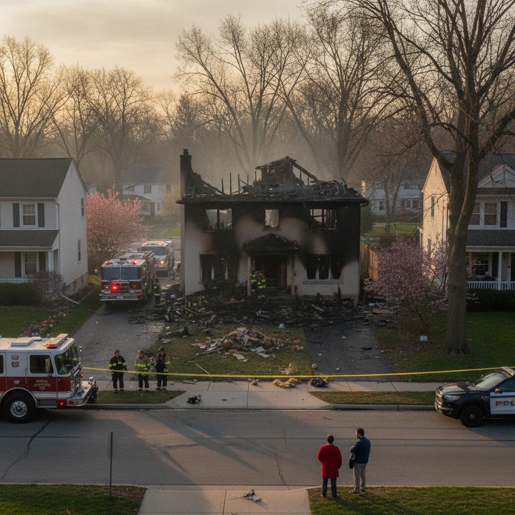 Fire damage restoration Bloomfield Hills – a local business owner inspects a charred office interior with restoration professionals assessing the scene