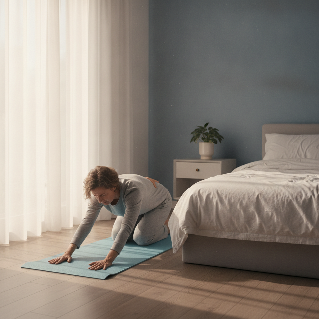 Person stretching in bed at sunrise, considering Back Pain Treatment Grass Lake MI options