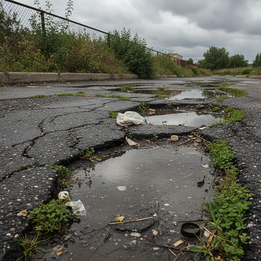 Stormwater runoff on asphalt parking lot with visible pooling and cracks, highlighting the need for Asphalt Repair Lodi NJ