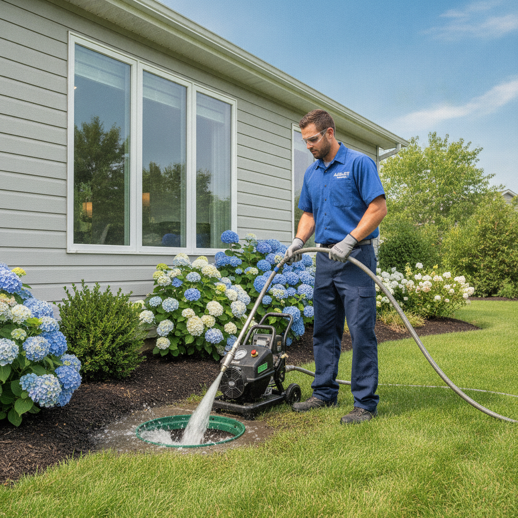 Technician performing main line drain clearing for homes and businesses, part of Drain Cleaning Services Sterling Heights MI