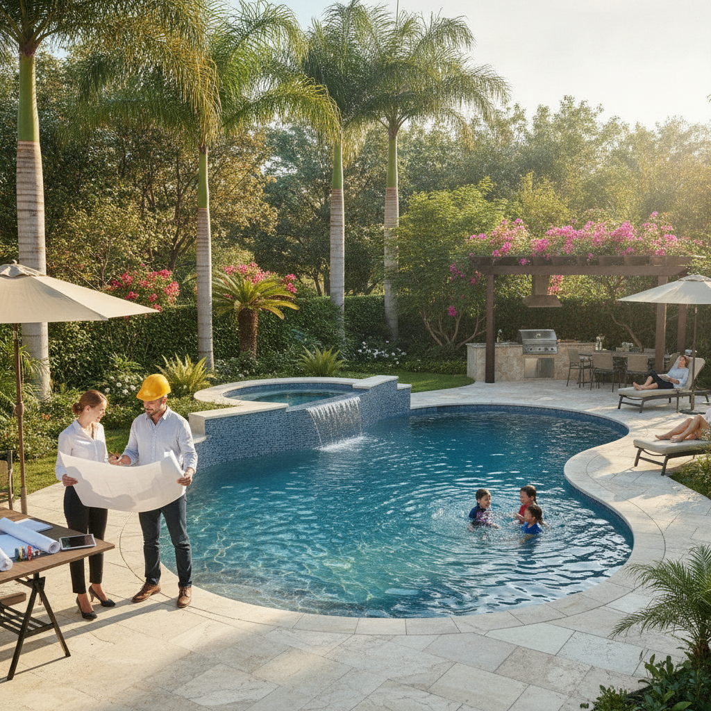 Modern backyard pool under construction by a pool construction company near me, with workers installing tiles and landscaping