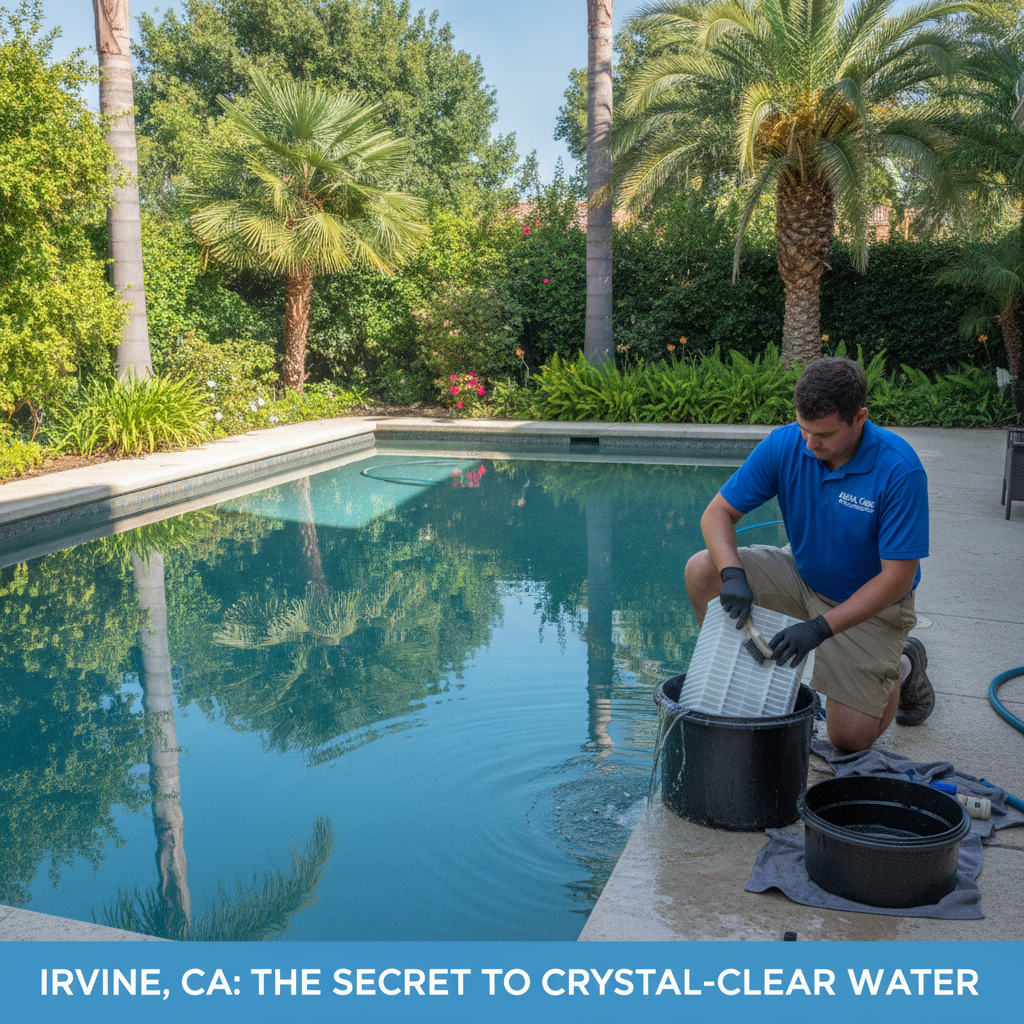 A serene backyard pool scene in Irvine CA, crystal clear water, and lush landscaping, maintained by a professional Pool Filter Cleaning Service Irvine CA