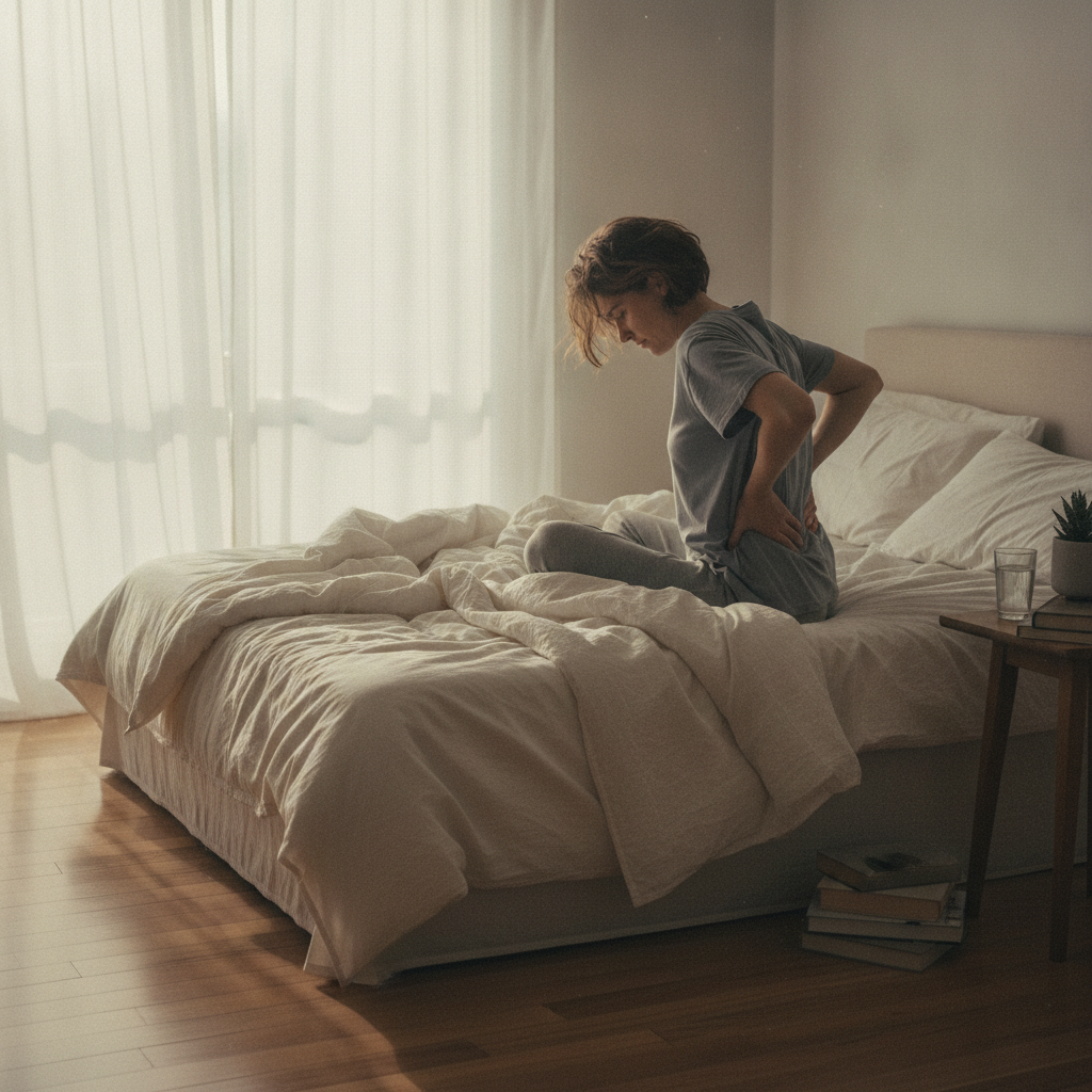 A person experiencing back pain while lying awake in bed, highlighting the connection between stress, sleep issues, and Back Pain Treatment Grass Lake MI