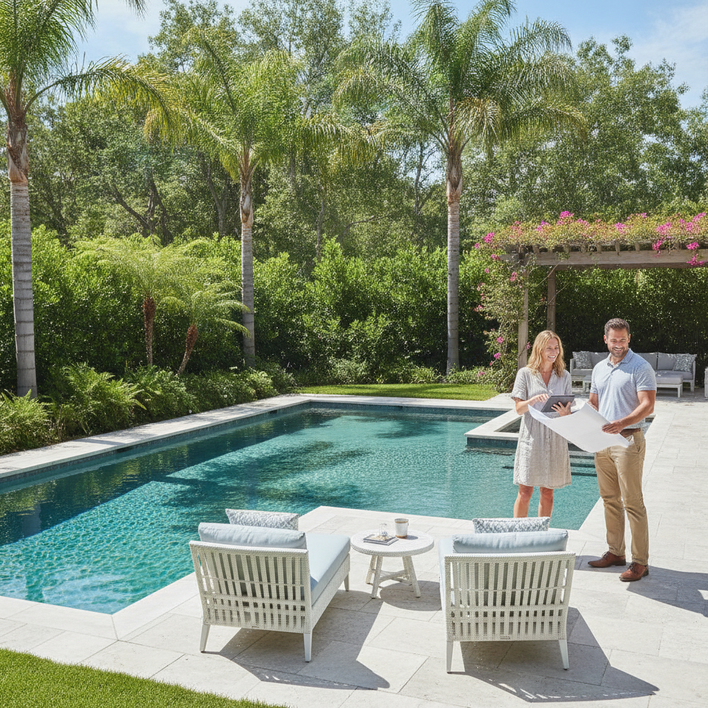 Modern backyard pool with expert swimming pool contractor near me overseeing construction
