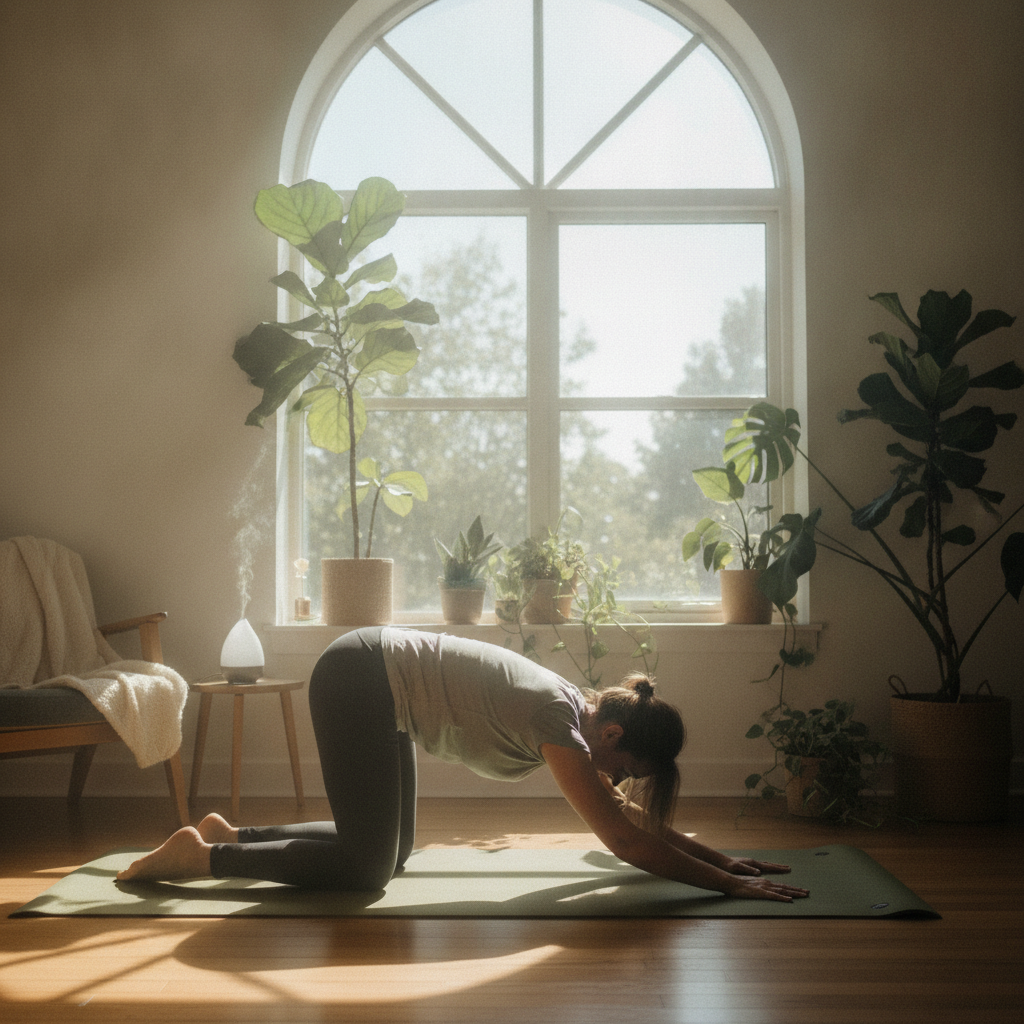 Person doing gentle stretches in a bright living room for back pain relief Rochester Hills