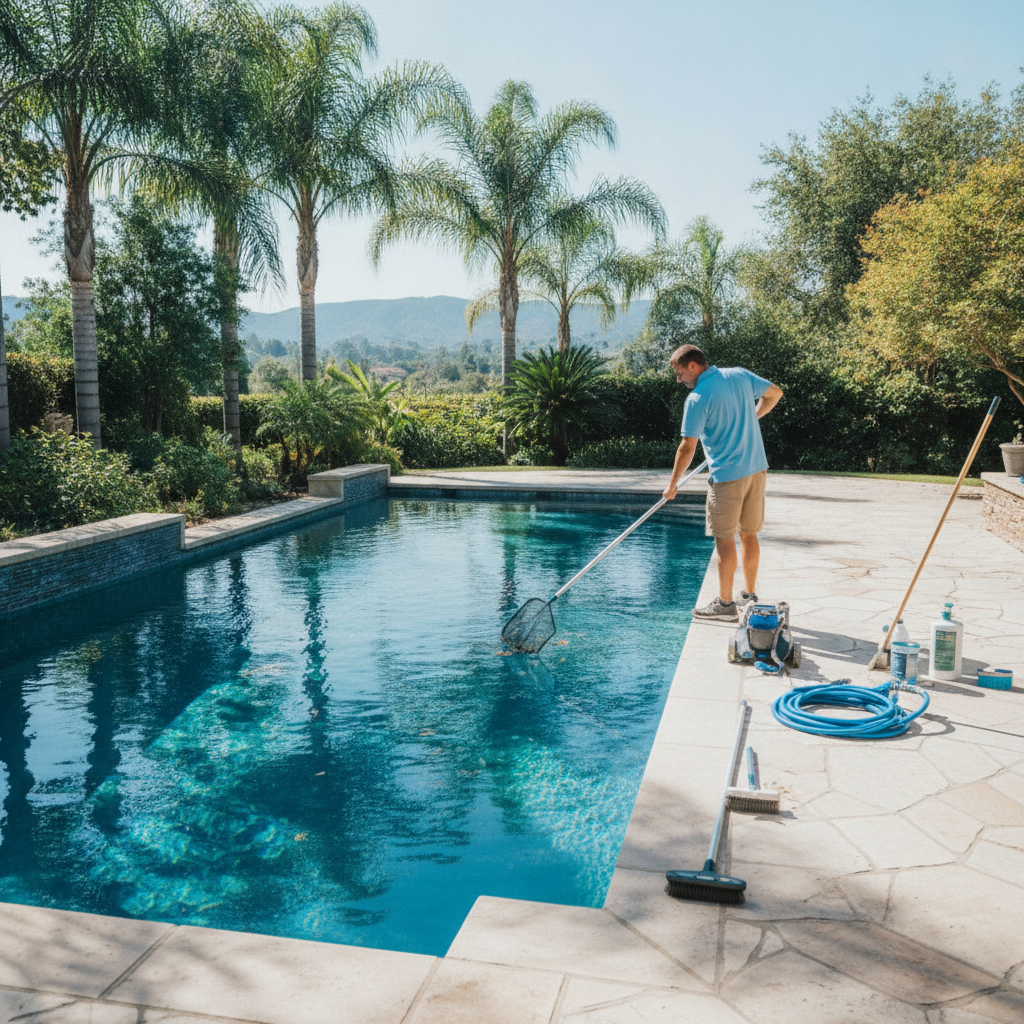 A serene backyard pool sparkling in the sun, maintained by a Pool Cleaning Service Rancho Margarita CA professional