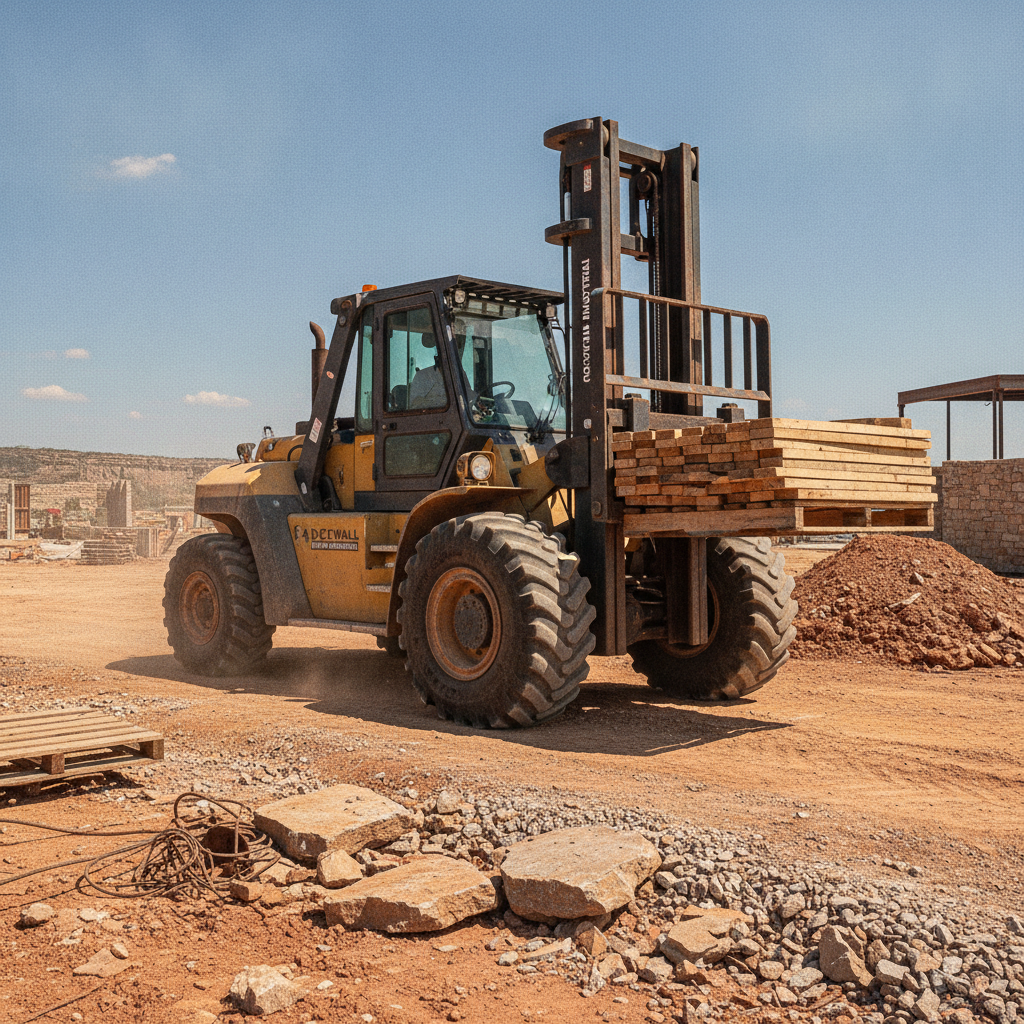 Rough terrain forklift in action on a construction site, ideal for Forklift Rentals Rockwall TX outdoor projects