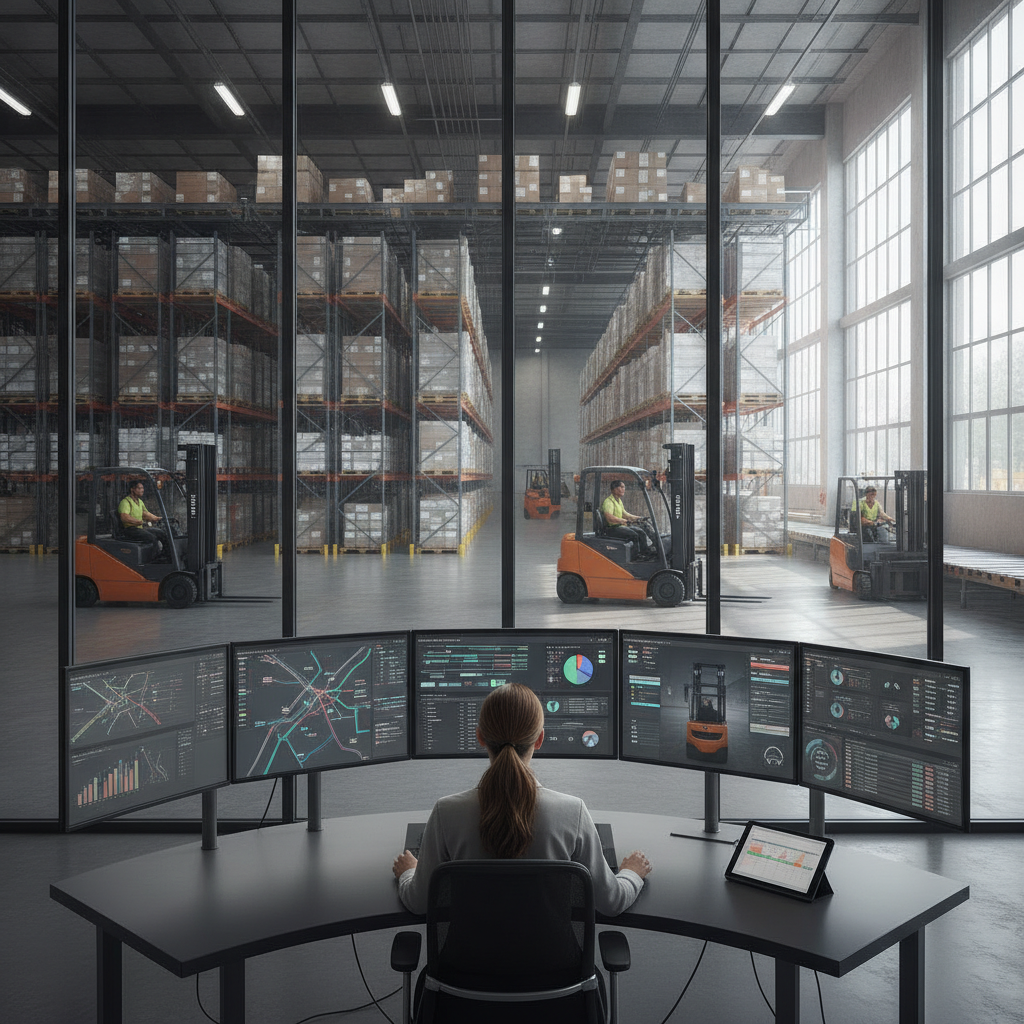 Technician using advanced forklift diagnostics Rockwall TX fleet management software in a warehouse