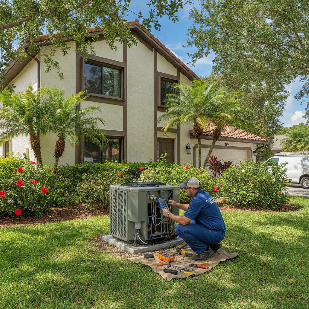 AC technician diagnosing a unit, helping business owners with AC Repair Palm Harbor FL