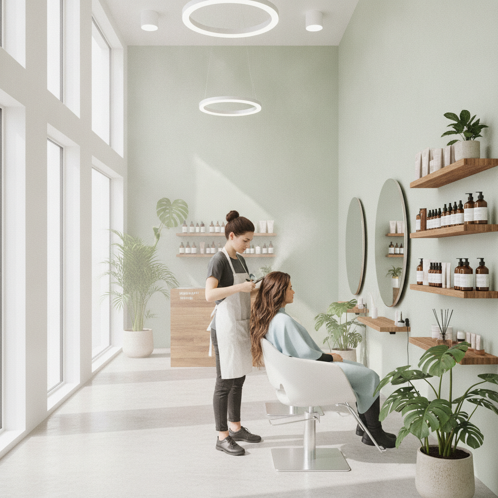 A modern vegan hair salon in New York City with a stylist performing a formaldehyde-free keratin treatment on a client, highlighting the safety and results of keratin treatment NYC