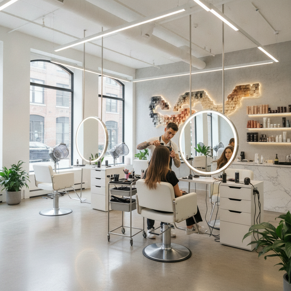 Modern salon interior with stylists performing high-end balayage and highlights for busy professionals, representing hair coloring Tribeca services