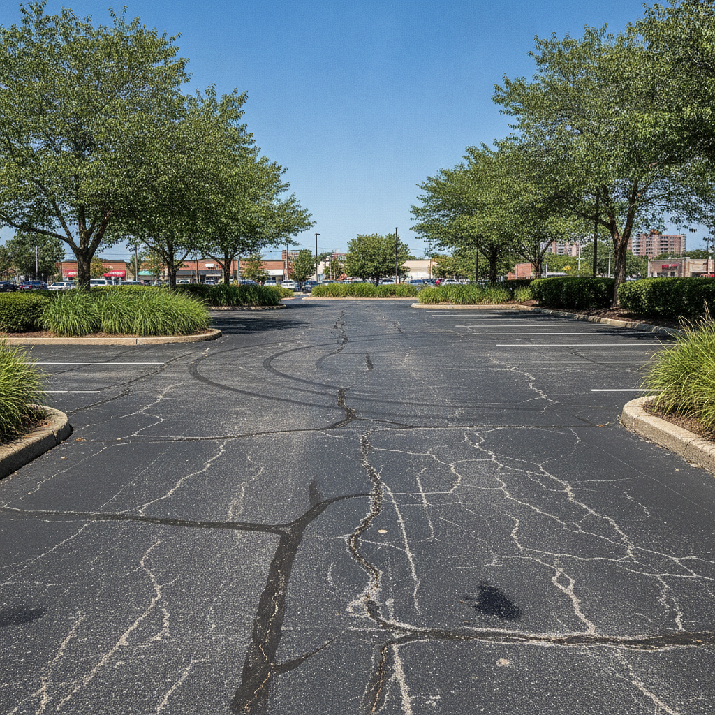 Worn high-traffic asphalt lot showing cracking and rutting that calls for Asphalt Repair Lodi NJ